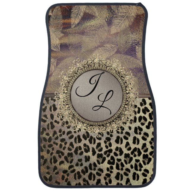 Chic Feathers with Leopard Print Monogram  Car Floor Mat (Front)