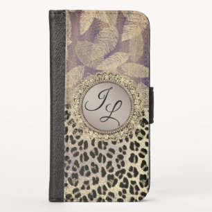 Chic Feathers with Leopard Print Monogram         iPhone X Wallet Case