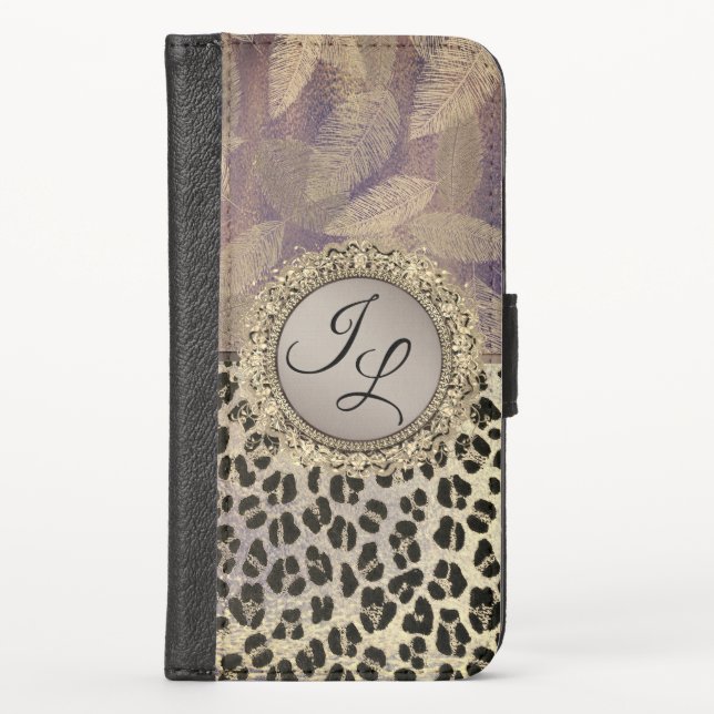 Chic Feathers with Leopard Print Monogram         iPhone Wallet Case (Front)