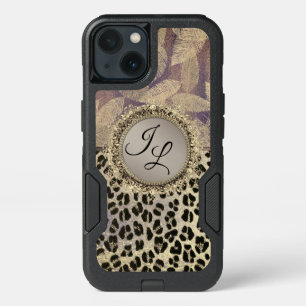 Chic Feathers with Leopard Print Monogram iPhone 13 Case