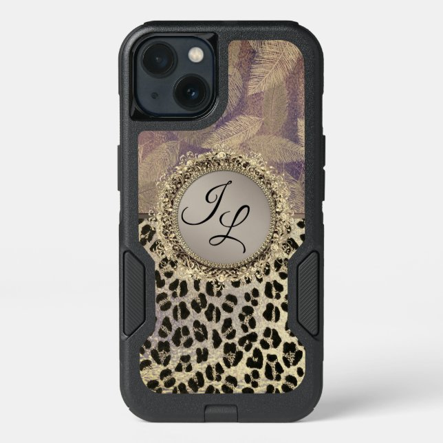 Chic Feathers with Leopard Print Monogram   Otterbox iPhone Case (Back)