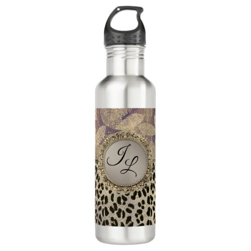 Chic Feathers with Leopard Print Monogram       Stainless Steel Water Bottle