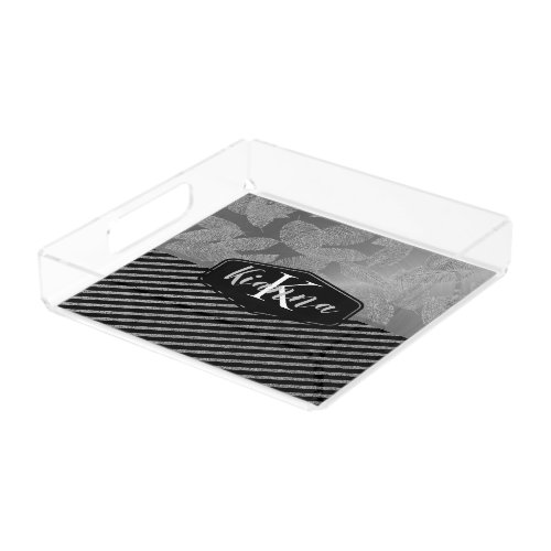 Chic Feathers with Silver Stripes Monogram         Acrylic Tray