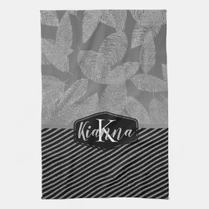 Chic Feathers with Silver Stripes Monogram      Kitchen Towel