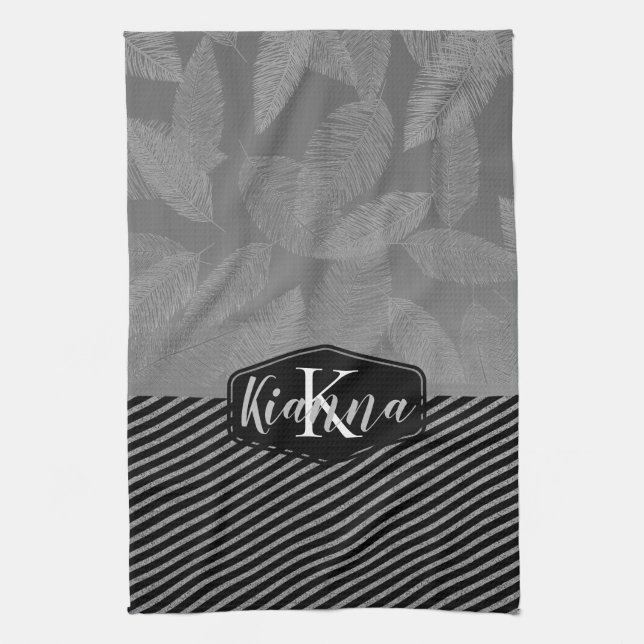 Chic Feathers with Silver Stripes Monogram      Kitchen Towel (Vertical)