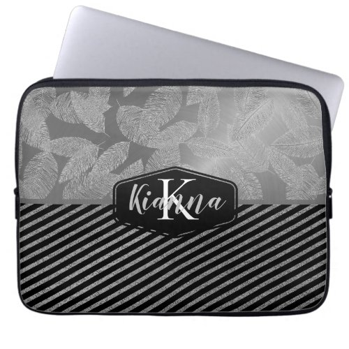 Chic Feathers with Silver Stripes Monogram         Laptop Sleeve