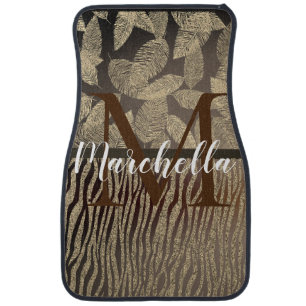Chic Feathers with Zebra Print Monogram    Car Floor Mat