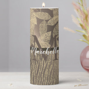 Chic Feathers with Zebra Print Monogram Pillar Candle