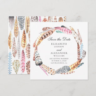 Chic feathers wreath. Boho wedding save the date Invitation