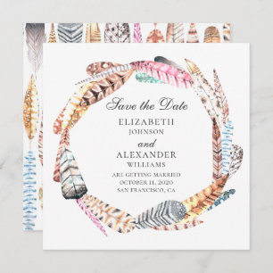 Chic feathers wreath. Boho wedding save the date Invitation