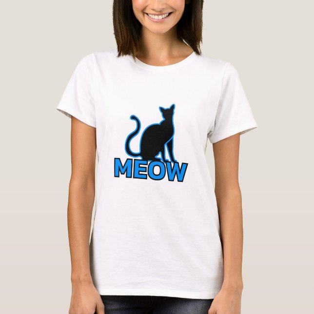 Chic Feline Charm - Blue ‘MEOW’ Cat Silhouette T-Shirt (Front)