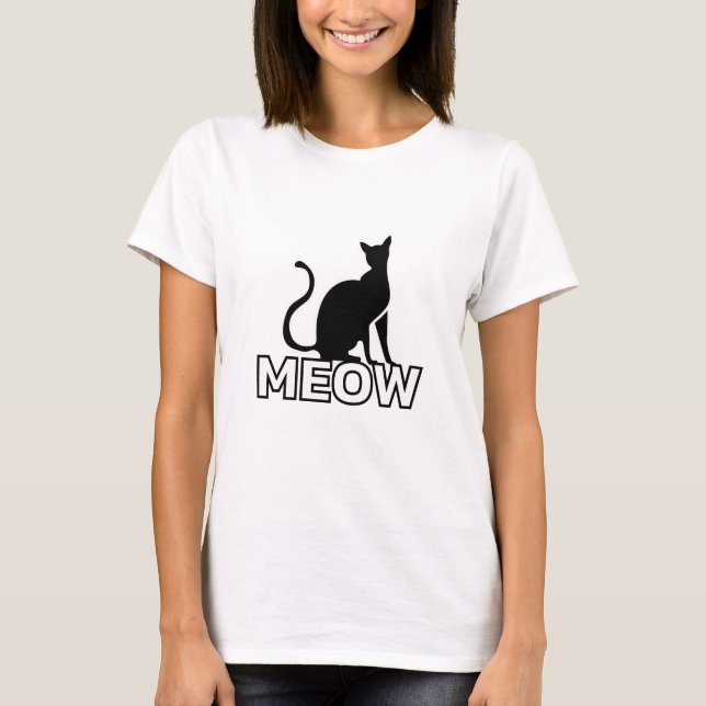 Chic Feline Charm - White ‘MEOW’ Cat Silhouette T-Shirt (Front)