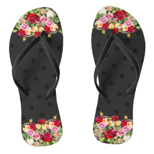 Chic Feminine Black Polka Dots and Roses Flip Flops
