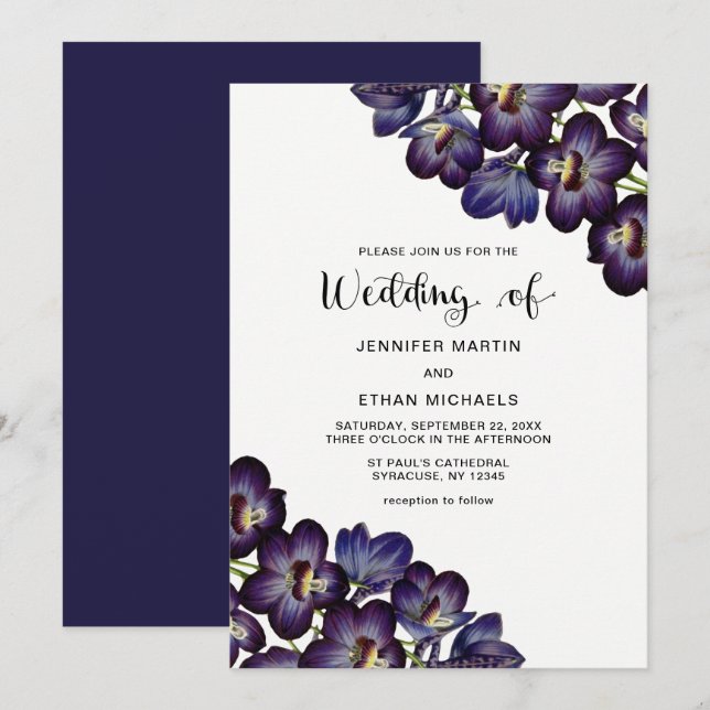 Chic Feminine Dark Purple Floral Wedding Invitation (Front/Back)