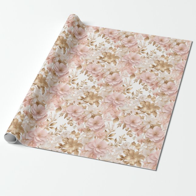 Chic Feminine Floral and Gold Christmas  Wrapping Paper (Unrolled)