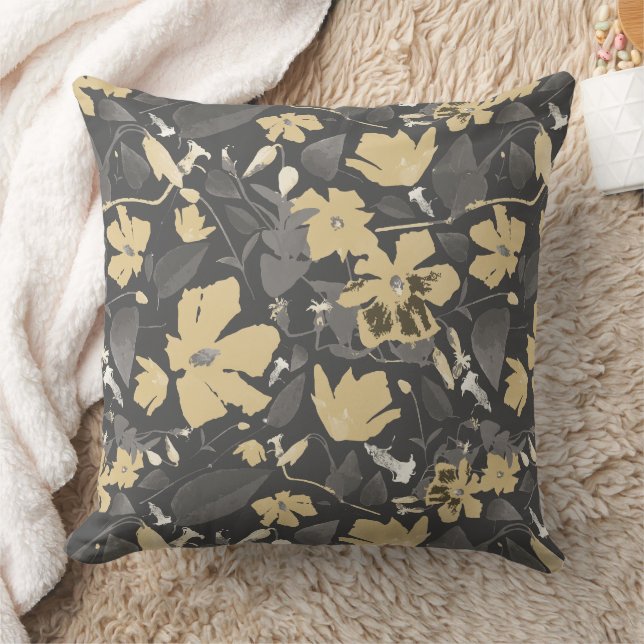 Chic Feminine Gold Gray Floral Pattern Throw Pillow (Blanket)