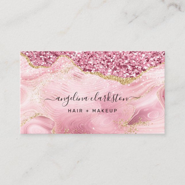 Chic Feminine Gold Pink Glitter Marble Agate Business Card (Front)