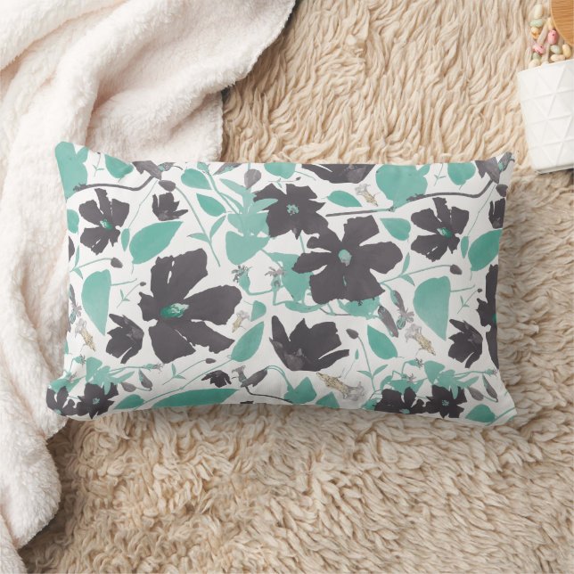 Chic Feminine Gray Teal Floral Pattern Lumbar Pillow (Blanket)
