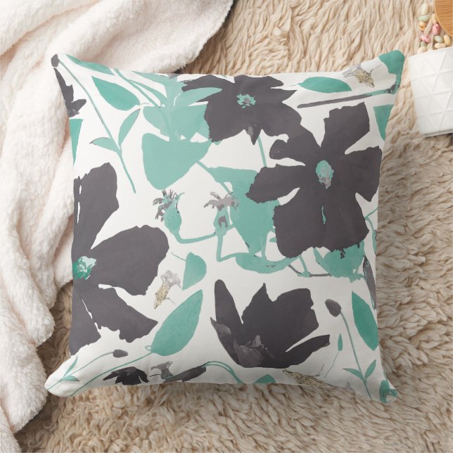 Chic Feminine Gray Teal Floral Pattern Throw Pillow (Blanket)