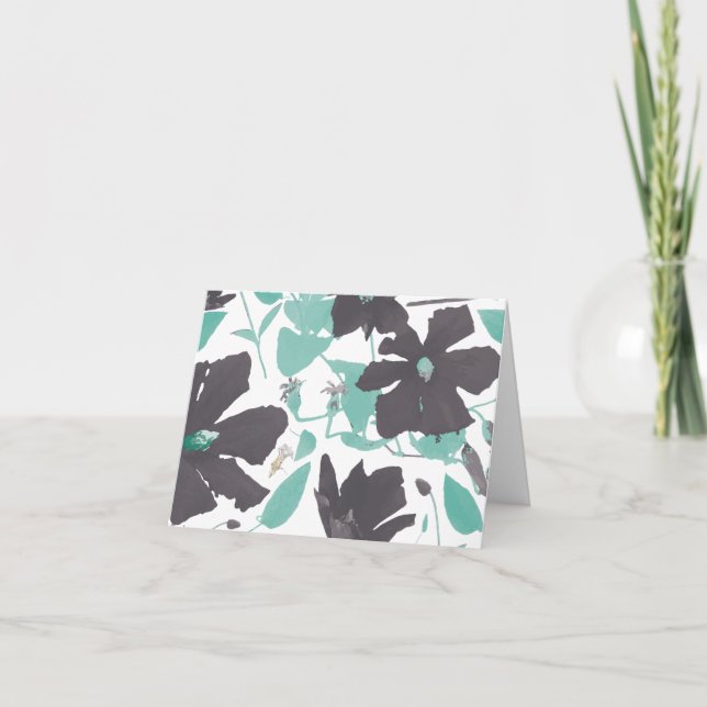 Chic Feminine Teal Gray Floral Pattern Card (Front)