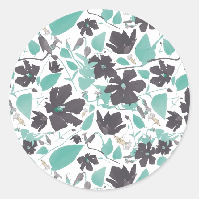 Chic Feminine Teal Gray Floral Pattern Classic Round Sticker (Front)