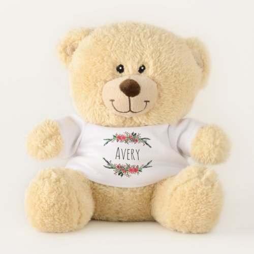 Chic Festive Christmas Floral Wreath and Name Teddy Bear