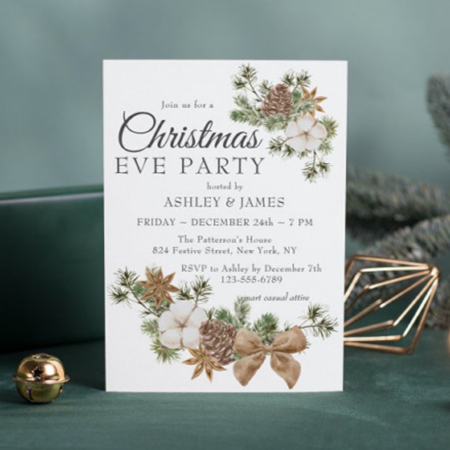 Chic Festive Cotton Pine Christmas Eve Party Invitation (Creator Uploaded)