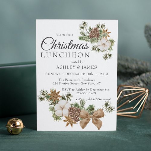 Chic Festive Cotton Pine Christmas Luncheon Party Invitation