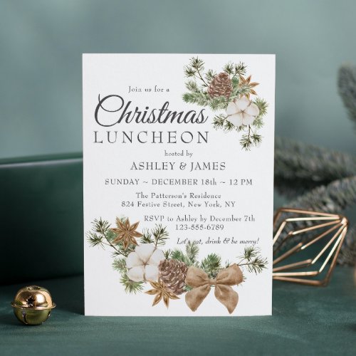 Chic Festive Cotton Pine Holiday Luncheon Party Invitation