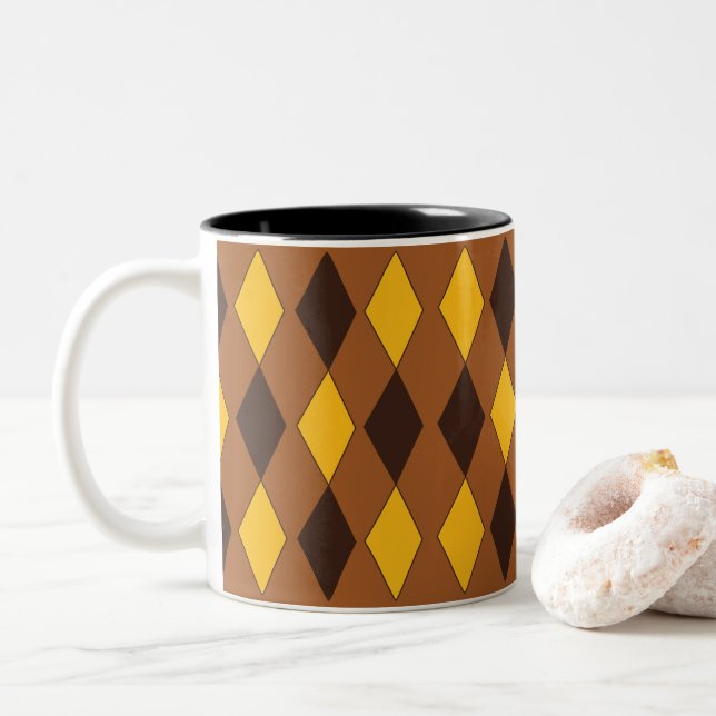 Chic Festive Harlequin Diamond Pattern Two-Tone Coffee Mug (With Donut)