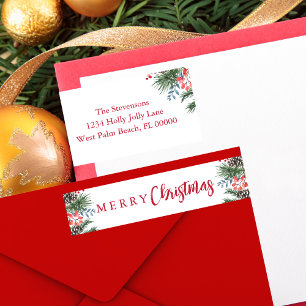 Chic Festive Holly Berries Merry Christmas Wrap Around Label