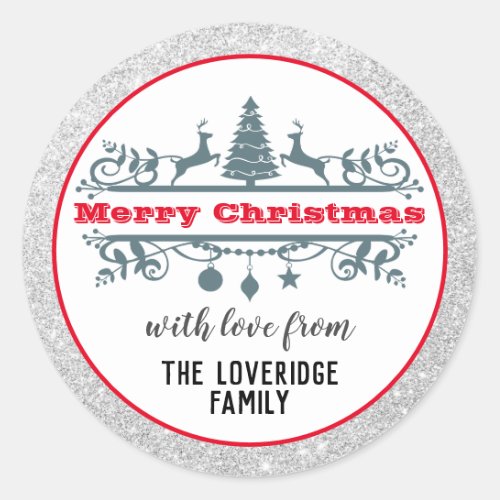 Chic  Festive Red Merry Christmas Silver Glitter Classic Round Sticker