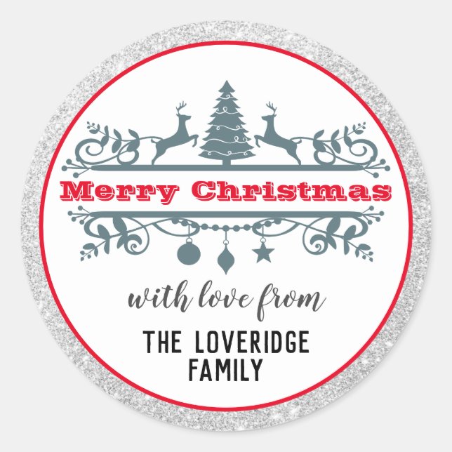 Chic & Festive Red Merry Christmas Silver Glitter Classic Round Sticker (Front)