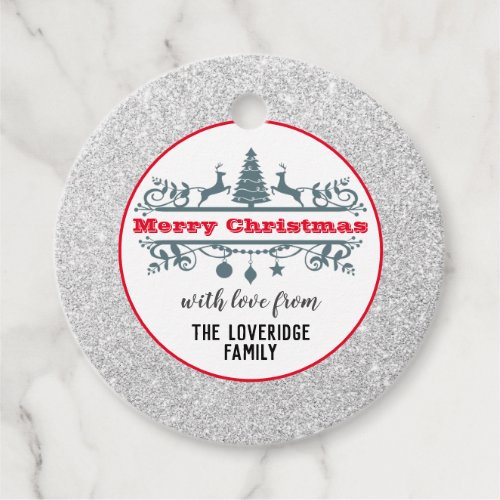 Chic  Festive Red Merry Christmas Silver Glitter Favor Tags