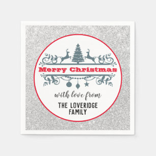 Chic & Festive Red Merry Christmas Silver Glitter Napkins