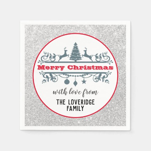 Chic  Festive Red Merry Christmas Silver Glitter Napkins