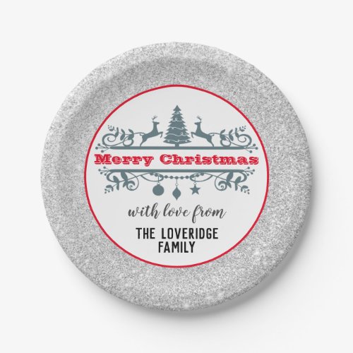 Chic  Festive Red Merry Christmas Silver Glitter Paper Plates