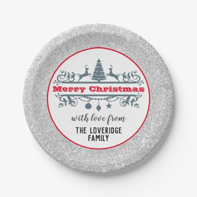 Chic & Festive Red Merry Christmas Silver Glitter Paper Plates (Front)