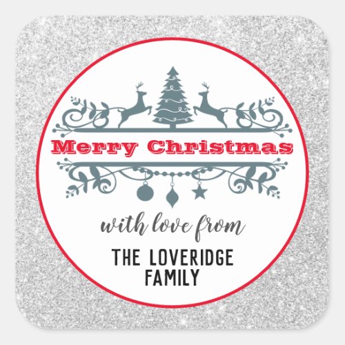 Chic  Festive Red Merry Christmas Silver Glitter Square Sticker