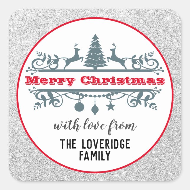 Chic & Festive Red Merry Christmas Silver Glitter Square Sticker (Front)