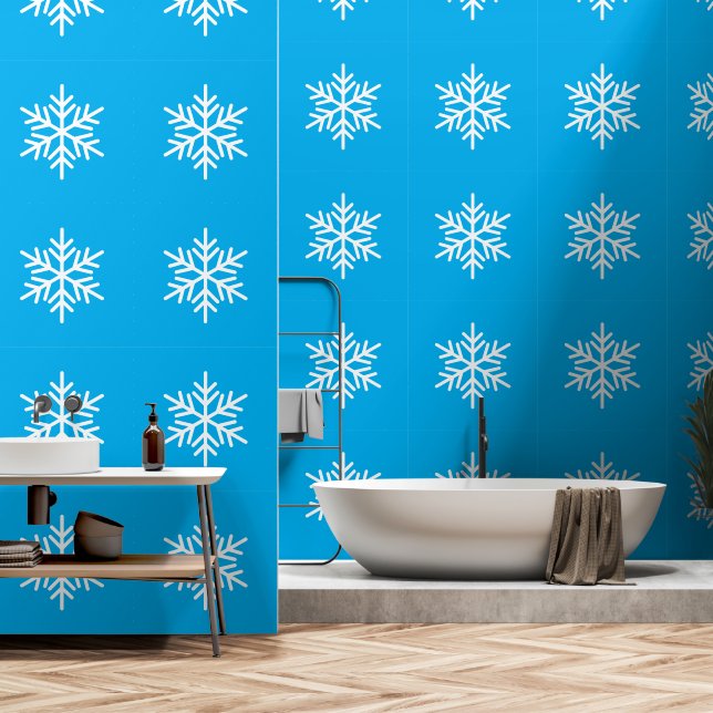 Chic Festive White Snowflake On Bright Azure Blue Wallpaper (Bathroom)