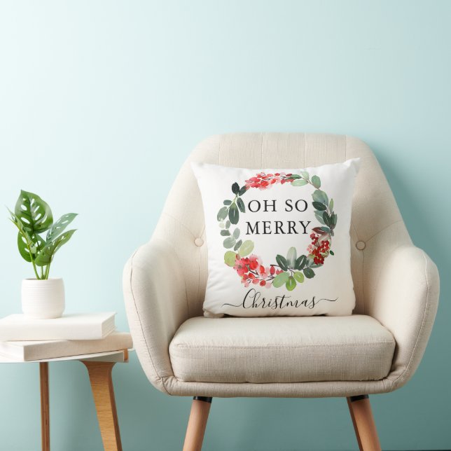Chic Festive Wreath Oh So Merry Script Christmas Throw Pillow (Chair)