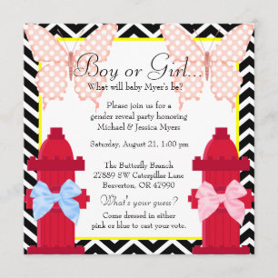 Chic Fire Hydrant & Butterfly Damask Gender Reveal Invitation