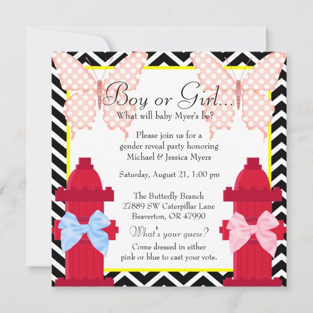 Chic Fire Hydrant & Butterfly Damask Gender Reveal Invitation (Front)