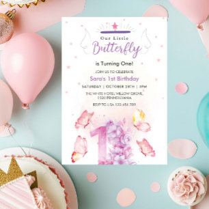 Chic First 1st Birthday Purple Floral & Butterfly Invitation