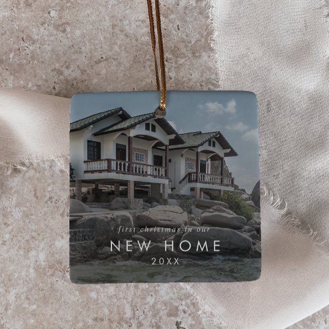 Chic First Christmas In Our New Home Photo Overlay Ceramic Ornament (Creator Uploaded)