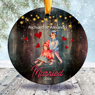 Chic first Christmas married cute couple Ceramic Ornament