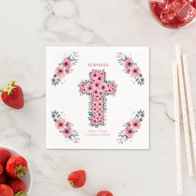 Chic First Holy Communion Cross Girl Pink Flower Napkins (Insitu)