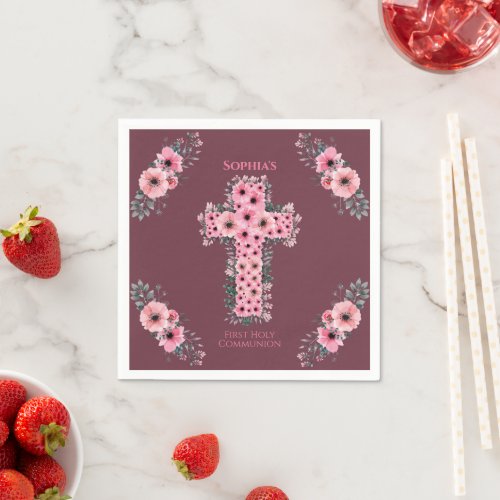 Chic First Holy Communion Girl Cross Pink Flower Napkins