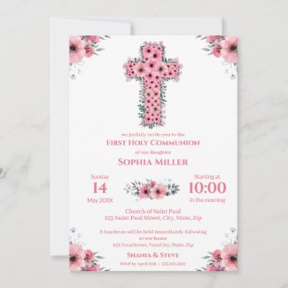 Chic First Holy Communion Girl Pink Flower Cross I